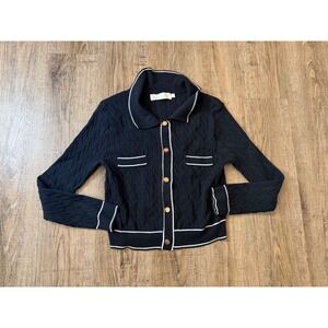 Lizette Collection Black Cable Knit Cardigan Gold Button Polo Sweater Large